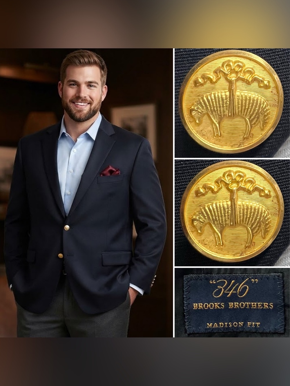 Brooks Brothers Men’s 50R Madison Fit Navy Wool Gold Button Blazer Jacket Coat